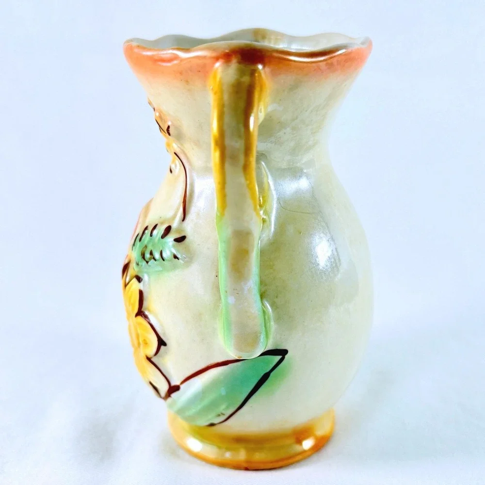 Vintage 3D Embossed Floral Ceramic Lusterware Vase Double Handle Made in Brazil